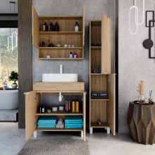 HD Paris Oak 80 komplett fürdőszoba bútor szett álló mosdószekrénnyel, matt fehér elemekkel, tölgyfa színű mosdópulttal, tükrös szekrénnyel és magasszekrénnyel