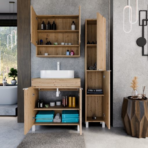 HD Paris Oak 80 komplett fürdőszoba bútor szett álló mosdószekrénnyel, matt fehér elemekkel, tölgyfa színű mosdópulttal, tükrös szekrénnyel és magasszekrénnyel