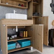 HD Paris Oak 80 komplett fürdőszoba bútor szett álló mosdószekrénnyel, matt fehér elemekkel, tölgyfa színű mosdópulttal, tükrös szekrénnyel és magasszekrénnyel