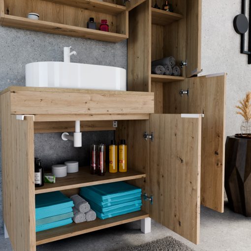 HD Paris Oak 80 komplett fürdőszoba bútor szett álló mosdószekrénnyel, matt fehér elemekkel, tölgyfa színű mosdópulttal, tükrös szekrénnyel és magasszekrénnyel