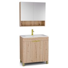 HD Paris Oak 80 komplett fürdőszoba bútor álló mosdószekrénnyel, szálcsiszolt arany elemekkel, fényes fehér slim mosdóval és tükrös szekrénnyel