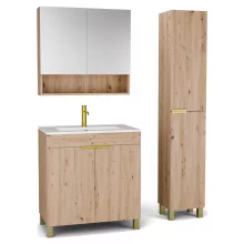 HD Paris Oak 80 komplett fürdőszoba bútor szett álló mosdószekrénnyel, szálcsiszolt arany elemekkel, fényes fehér slim mosdóval, tükrös szekrénnyel és magasszekrénnyel