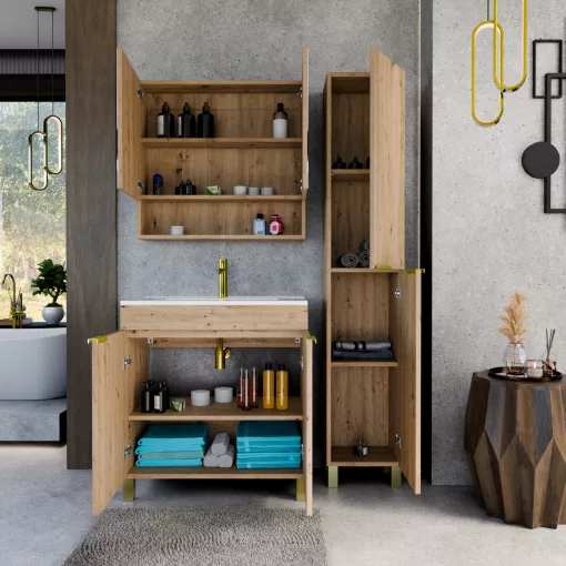 HD Paris Oak 80 komplett fürdőszoba bútor szett álló mosdószekrénnyel, szálcsiszolt arany elemekkel, fényes fehér slim mosdóval, tükrös szekrénnyel és magasszekrénnyel
