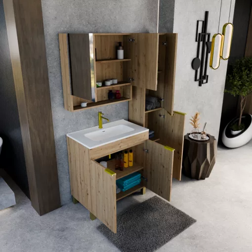 HD Paris Oak 80 komplett fürdőszoba bútor szett álló mosdószekrénnyel, szálcsiszolt arany elemekkel, fényes fehér slim mosdóval, tükrös szekrénnyel és magasszekrénnyel