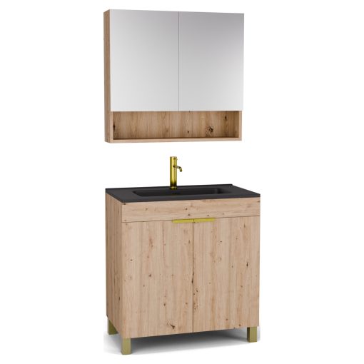 HD Paris Oak 80 komplett fürdőszoba bútor álló mosdószekrénnyel, szálcsiszolt arany elemekkel, matt fekete slim mosdóval és tükrös szekrénnyel