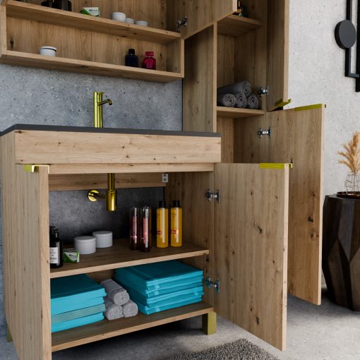 HD Paris Oak 80 komplett fürdőszoba bútor álló mosdószekrénnyel, szálcsiszolt arany elemekkel, matt fekete slim mosdóval és tükrös szekrénnyel