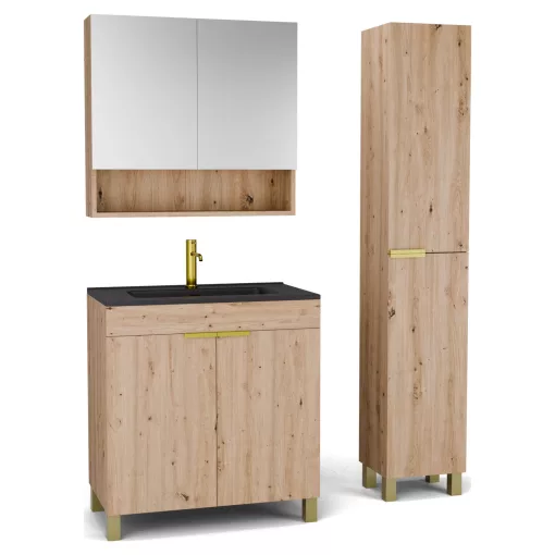 HD Paris Oak 80 komplett fürdőszoba bútor szett álló mosdószekrénnyel, szálcsiszolt arany elemekkel, matt fekete slim mosdóval, tükrös szekrénnyel és magasszekrénnyel