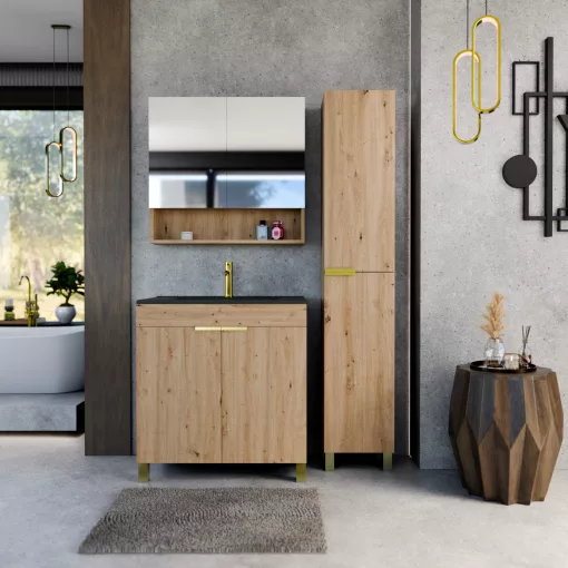 HD Paris Oak 80 komplett fürdőszoba bútor szett álló mosdószekrénnyel, szálcsiszolt arany elemekkel, matt fekete slim mosdóval, tükrös szekrénnyel és magasszekrénnyel