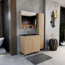 HD Paris Oak 80 komplett fürdőszoba bútor szett álló mosdószekrénnyel, szálcsiszolt arany elemekkel, matt fekete slim mosdóval, tükrös szekrénnyel és magasszekrénnyel