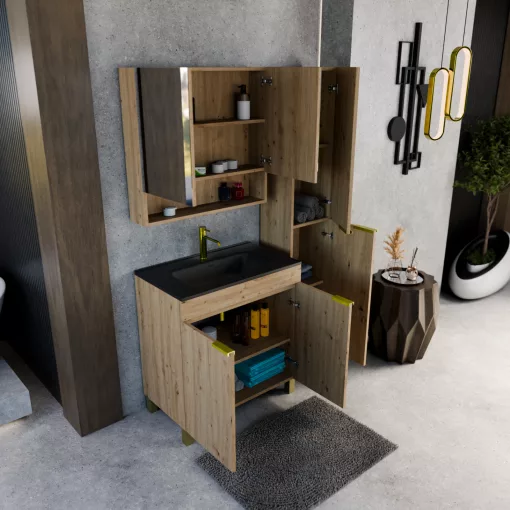 HD Paris Oak 80 komplett fürdőszoba bútor szett álló mosdószekrénnyel, szálcsiszolt arany elemekkel, matt fekete slim mosdóval, tükrös szekrénnyel és magasszekrénnyel