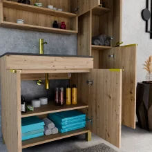 HD Paris Oak 80 komplett fürdőszoba bútor szett álló mosdószekrénnyel, szálcsiszolt arany elemekkel, matt fekete slim mosdóval, tükrös szekrénnyel és magasszekrénnyel