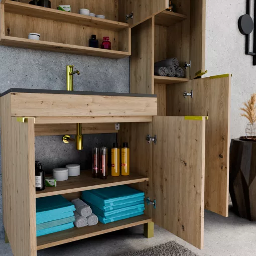 HD Paris Oak 80 komplett fürdőszoba bútor szett álló mosdószekrénnyel, szálcsiszolt arany elemekkel, matt fekete slim mosdóval, tükrös szekrénnyel és magasszekrénnyel