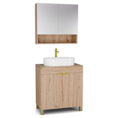   HD Paris Oak 80 komplett fürdőszoba bútor álló mosdószekrénnyel, szálcsiszolt arany elemekkel, tölgyfa színű mosdópulttal és tükrös szekrénnyel