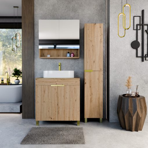 HD Paris Oak 80 komplett fürdőszoba bútor szett álló mosdószekrénnyel, szálcsiszolt arany elemekkel, tölgyfa színű mosdópulttal, tükrös szekrénnyel és magasszekrénnyel