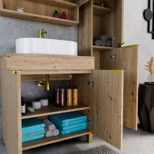 HD Paris Oak 80 komplett fürdőszoba bútor szett álló mosdószekrénnyel, szálcsiszolt arany elemekkel, tölgyfa színű mosdópulttal, tükrös szekrénnyel és magasszekrénnyel