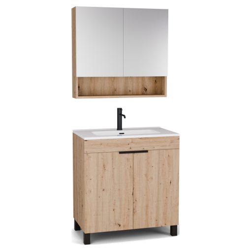 HD Paris Oak 80 komplett fürdőszoba bútor álló mosdószekrénnyel, matt fekete elemekkel, fényes fehér slim mosdóval és tükrös szekrénnyel