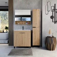 HD Paris Oak 80 komplett fürdőszoba bútor szett álló mosdószekrénnyel, matt fekete elemekkel, fényes fehér slim mosdóval, tükrös szekrénnyel és magasszekrénnyel