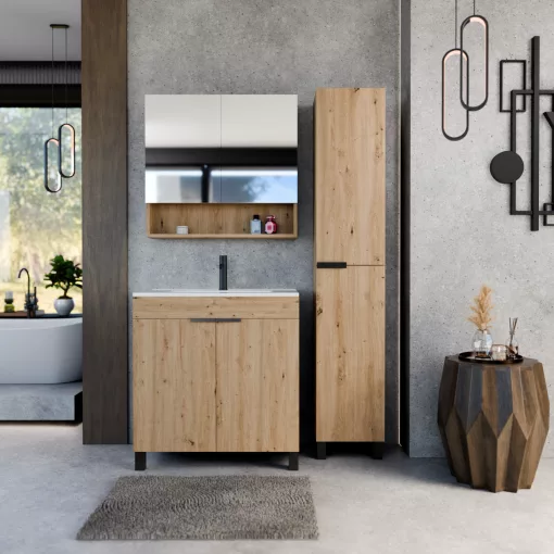 HD Paris Oak 80 komplett fürdőszoba bútor szett álló mosdószekrénnyel, matt fekete elemekkel, fényes fehér slim mosdóval, tükrös szekrénnyel és magasszekrénnyel