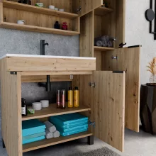 HD Paris Oak 80 komplett fürdőszoba bútor szett álló mosdószekrénnyel, matt fekete elemekkel, fényes fehér slim mosdóval, tükrös szekrénnyel és magasszekrénnyel