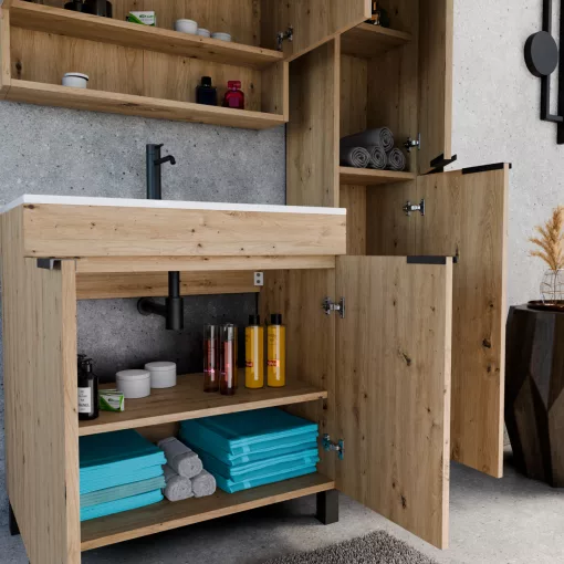 HD Paris Oak 80 komplett fürdőszoba bútor szett álló mosdószekrénnyel, matt fekete elemekkel, fényes fehér slim mosdóval, tükrös szekrénnyel és magasszekrénnyel