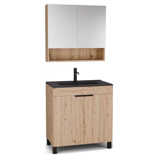 HD Paris Oak 80 komplett fürdőszoba bútor álló mosdószekrénnyel, matt fekete elemekkel, matt fekete slim mosdóval és tükrös szekrénnyel