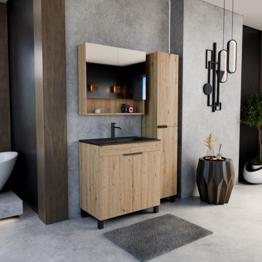 HD Paris Oak 80 komplett fürdőszoba bútor álló mosdószekrénnyel, matt fekete elemekkel, matt fekete slim mosdóval és tükrös szekrénnyel