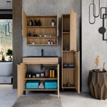 HD Paris Oak 80 komplett fürdőszoba bútor álló mosdószekrénnyel, matt fekete elemekkel, matt fekete slim mosdóval és tükrös szekrénnyel