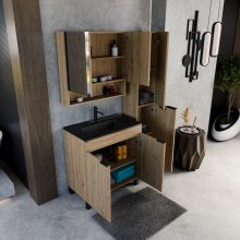 HD Paris Oak 80 komplett fürdőszoba bútor álló mosdószekrénnyel, matt fekete elemekkel, matt fekete slim mosdóval és tükrös szekrénnyel