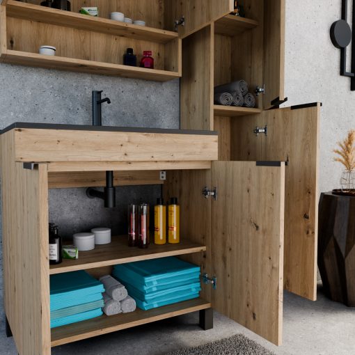 HD Paris Oak 80 komplett fürdőszoba bútor álló mosdószekrénnyel, matt fekete elemekkel, matt fekete slim mosdóval és tükrös szekrénnyel