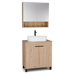   HD Paris Oak 80 komplett fürdőszoba bútor álló mosdószekrénnyel, matt fekete elemekkel, tölgyfa színű mosdópulttal és tükrös szekrénnyel