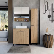 HD Paris Oak 80 komplett fürdőszoba bútor álló mosdószekrénnyel, matt fekete elemekkel, tölgyfa színű mosdópulttal és tükrös szekrénnyel
