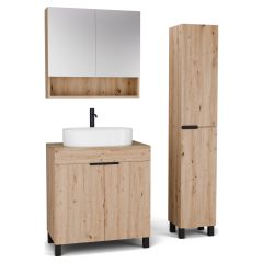   HD Paris Oak 80 komplett fürdőszoba bútor szett álló mosdószekrénnyel, matt fekete elemekkel, tölgyfa színű mosdópulttal, tükrös szekrénnyel és magasszekrénnyel