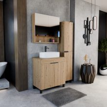 HD Paris Oak 80 komplett fürdőszoba bútor szett álló mosdószekrénnyel, matt fekete elemekkel, tölgyfa színű mosdópulttal, tükrös szekrénnyel és magasszekrénnyel