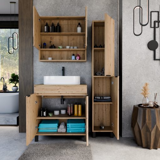 HD Paris Oak 80 komplett fürdőszoba bútor szett álló mosdószekrénnyel, matt fekete elemekkel, tölgyfa színű mosdópulttal, tükrös szekrénnyel és magasszekrénnyel