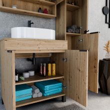 HD Paris Oak 80 komplett fürdőszoba bútor szett álló mosdószekrénnyel, matt fekete elemekkel, tölgyfa színű mosdópulttal, tükrös szekrénnyel és magasszekrénnyel