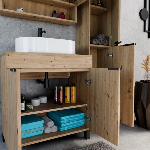 HD Paris Oak 80 komplett fürdőszoba bútor szett álló mosdószekrénnyel, matt fekete elemekkel, tölgyfa színű mosdópulttal, tükrös szekrénnyel és magasszekrénnyel