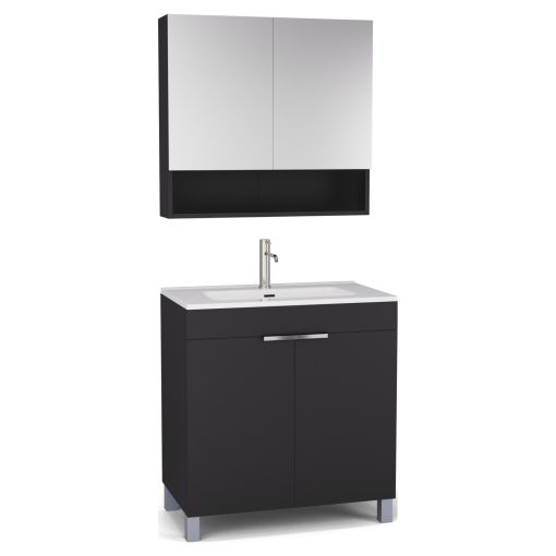 HD Paris Matt Black 80 komplett fürdőszoba bútor álló mosdószekrénnyel, fényes króm elemekkel, fényes fehér slim mosdóval és tükrös szekrénnyel