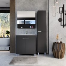 HD Paris Matt Black 80 komplett fürdőszoba bútor álló mosdószekrénnyel, fényes króm elemekkel, fényes fehér slim mosdóval és tükrös szekrénnyel