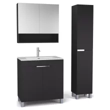 HD Paris Matt Black 80 komplett fürdőszoba bútor szett álló mosdószekrénnyel, fényes króm elemekkel, fényes fehér slim mosdóval, tükrös szekrénnyel és magasszekrénnyel