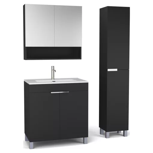 HD Paris Matt Black 80 komplett fürdőszoba bútor szett álló mosdószekrénnyel, fényes króm elemekkel, fényes fehér slim mosdóval, tükrös szekrénnyel és magasszekrénnyel