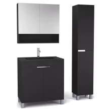 HD Paris Matt Black 80 komplett fürdőszoba bútor szett álló mosdószekrénnyel, fényes króm elemekkel, matt fekete slim mosdóval, tükrös szekrénnyel és magasszekrénnyel