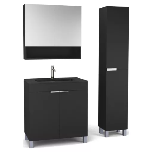 HD Paris Matt Black 80 komplett fürdőszoba bútor szett álló mosdószekrénnyel, fényes króm elemekkel, matt fekete slim mosdóval, tükrös szekrénnyel és magasszekrénnyel