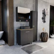 HD Paris Matt Black 80 komplett fürdőszoba bútor álló mosdószekrénnyel, fényes króm elemekkel, tölgyfa színű mosdópulttal és tükrös szekrénnyel