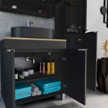 HD Paris Matt Black 80 komplett fürdőszoba bútor álló mosdószekrénnyel, fényes króm elemekkel, tölgyfa színű mosdópulttal és tükrös szekrénnyel