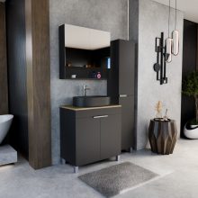 HD Paris Matt Black 80 komplett fürdőszoba bútor szett álló mosdószekrénnyel, fényes króm elemekkel, tölgyfa színű mosdópulttal, tükrös szekrénnyel és magasszekrénnyel