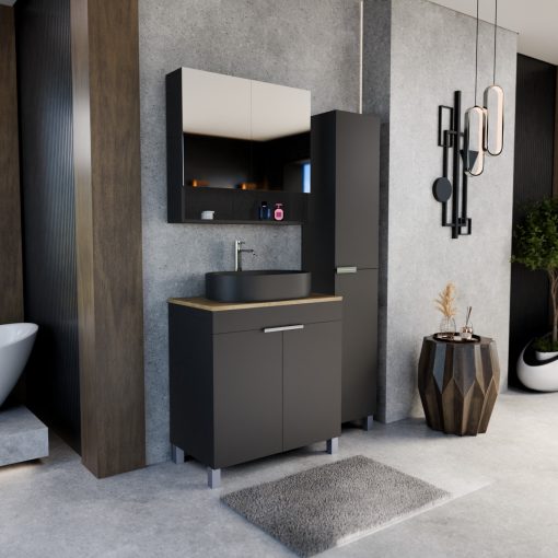 HD Paris Matt Black 80 komplett fürdőszoba bútor szett álló mosdószekrénnyel, fényes króm elemekkel, tölgyfa színű mosdópulttal, tükrös szekrénnyel és magasszekrénnyel