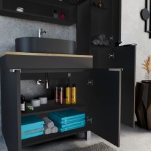 HD Paris Matt Black 80 komplett fürdőszoba bútor szett álló mosdószekrénnyel, fényes króm elemekkel, tölgyfa színű mosdópulttal, tükrös szekrénnyel és magasszekrénnyel