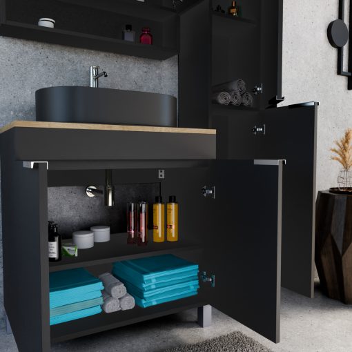 HD Paris Matt Black 80 komplett fürdőszoba bútor szett álló mosdószekrénnyel, fényes króm elemekkel, tölgyfa színű mosdópulttal, tükrös szekrénnyel és magasszekrénnyel