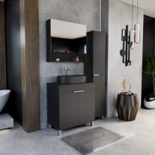 HD Paris Matt Black 80 komplett fürdőszoba bútor álló mosdószekrénnyel, fényes króm elemekkel, fekete mosdópulttal és tükrös szekrénnyel