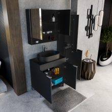 HD Paris Matt Black 80 komplett fürdőszoba bútor álló mosdószekrénnyel, fényes króm elemekkel, fekete mosdópulttal és tükrös szekrénnyel